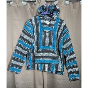 Earth Ragz Baja Joe Mexican Hoodie Size Medium Blue Gray Black Stripe